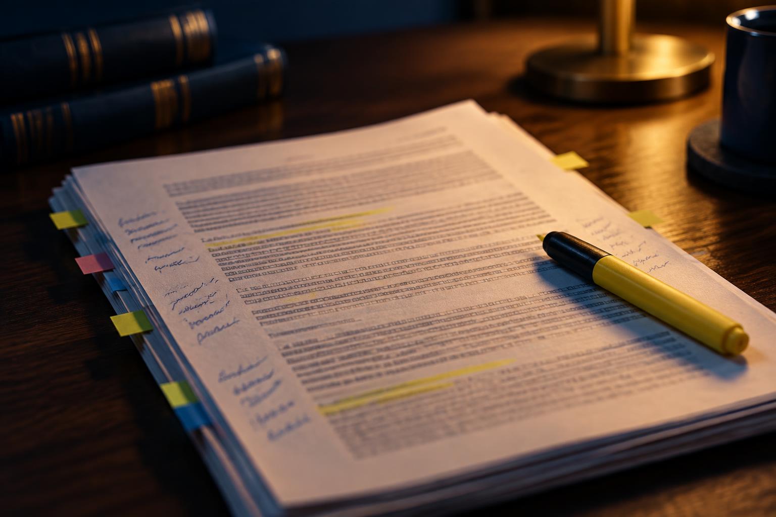 A stack of case documents with handwritten notes and sticky tabs