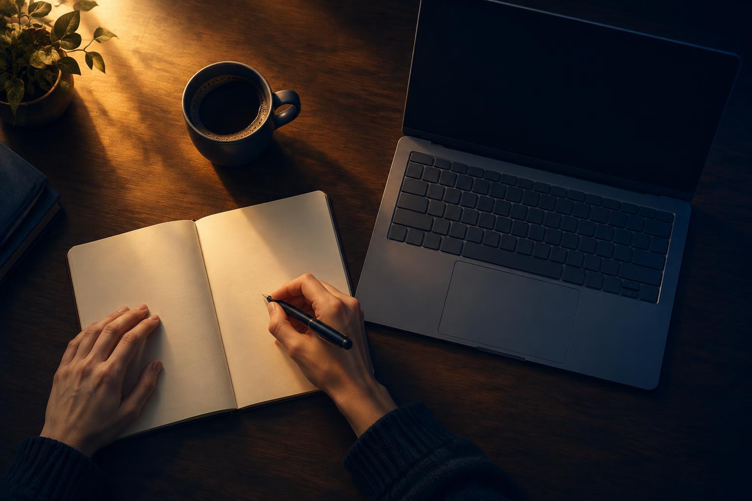 Hands writing notes in a notebook beside a laptop and a cup of coffee