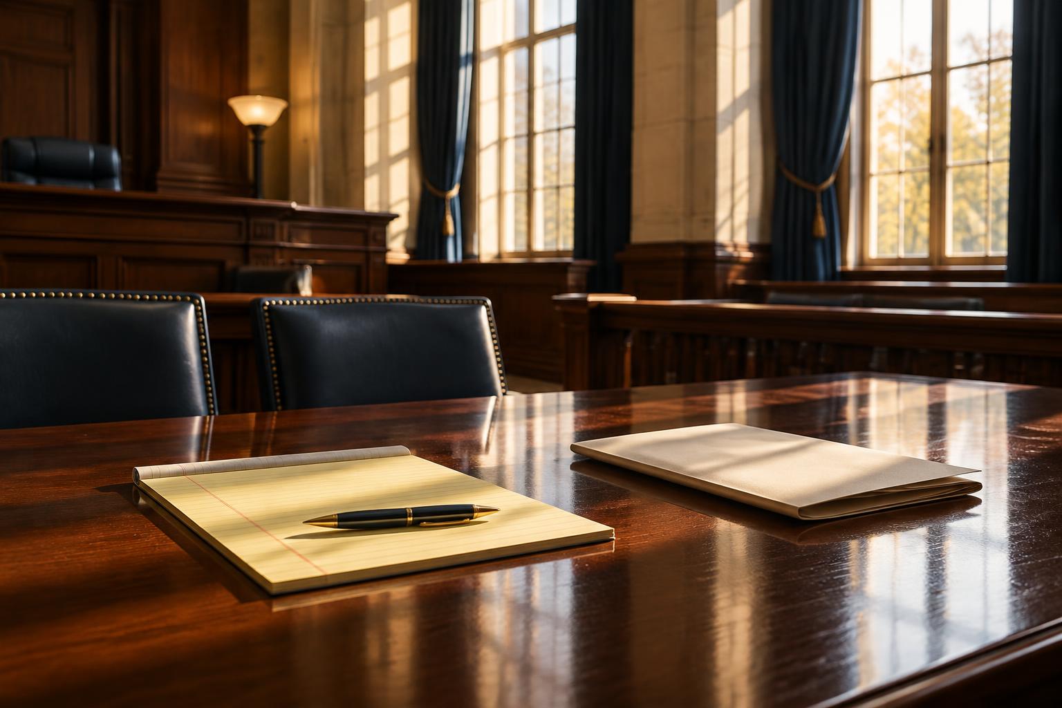 A counsel table with a legal pad, a pen and a folder, lit by afternoon light